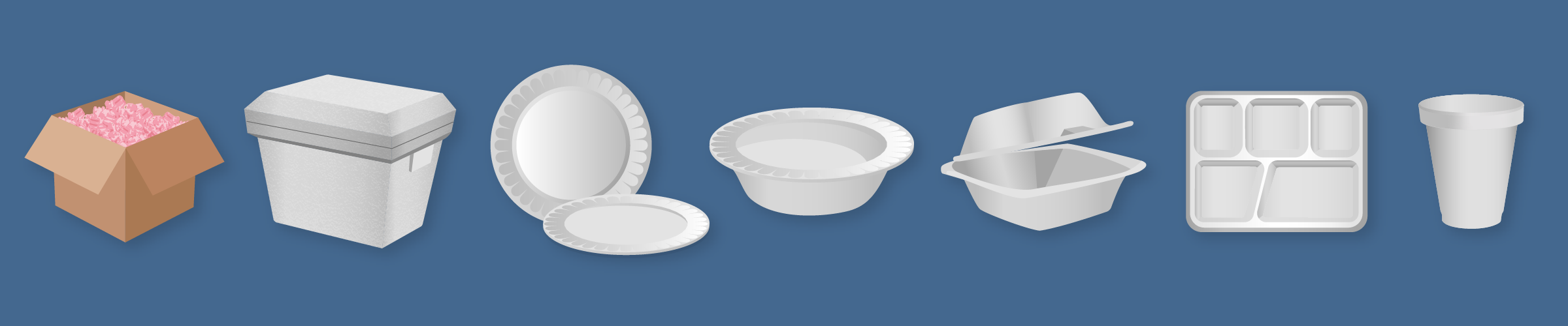 Images of expanded polystyrene products: cups, clamshells, plates, bowls, trays, coolers, and packaging peanuts.